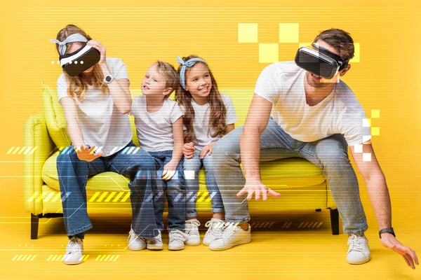 Laughing children sitting on sofa with parents in virtual reality headsets on yellow, digital illustration — Stock Photo