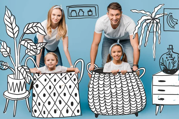 Smiling parents with children in baskets on blue, interior illustration — Stock Photo