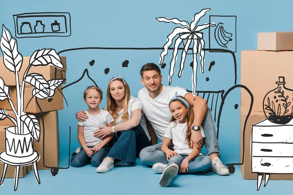 Happy parents hugging kids and sitting on blue with cardboard boxes for relocation, interior illustration — Stock Photo