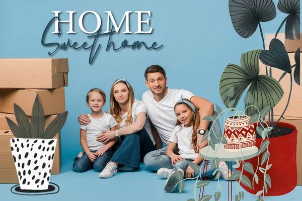 Padres felices abrazando a los niños y sentados en azul con cajas de cartón para la reubicación, hogar dulce hogar y plantas ilustración - foto de stock
