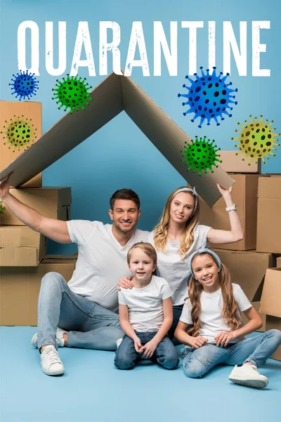 Positive parents holding carton roof over kids on blue with cardboard boxes for relocation, quarantine and bacteria illustration — Stock Photo