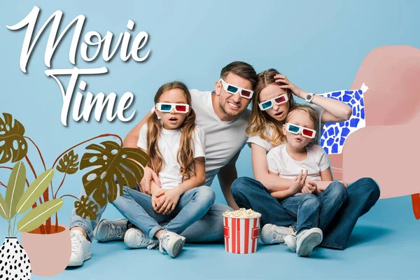 Schockierte Familie in 3D-Brille beim Filmgucken und Popcorn-Eimer auf blauem Grund, Filmzeit-Illustration — Stockfoto