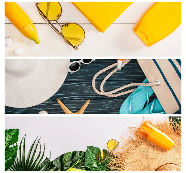 Collage aus Sonnenschutzmitteln, grünen Blättern mit Sonnenbrille und Flip-Flops auf Holzplanken und weißer Oberfläche — Stockfoto