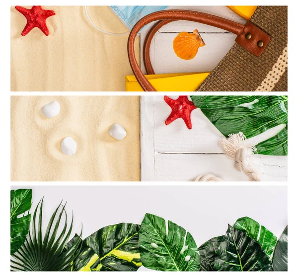 Collage of medical mask, bag and leaves with starfish on wooden planks and sand — Stock Photo