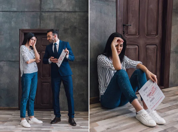 Collage of collector pointing at documents near stressed woman and upset woman holding paper with final notice lettering on floor — Stock Photo