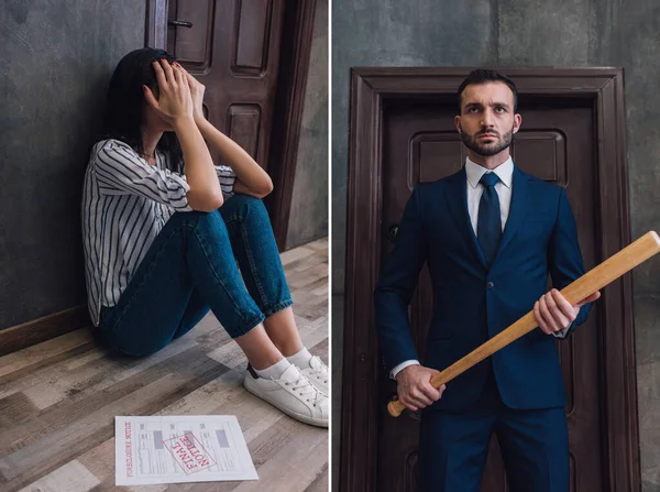 Collage de femme couvrant le visage près du document sur le sol près du mur et collectionneur en colère avec batte de baseball près de la porte dans la chambre — Photo de stock