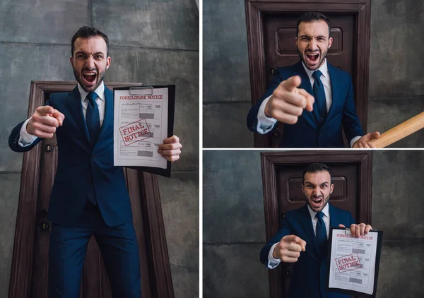 Collage of angry collector with baseball bat and documents with foreclosure and final notice lettering pointing with finger and shouting in room — Stock Photo