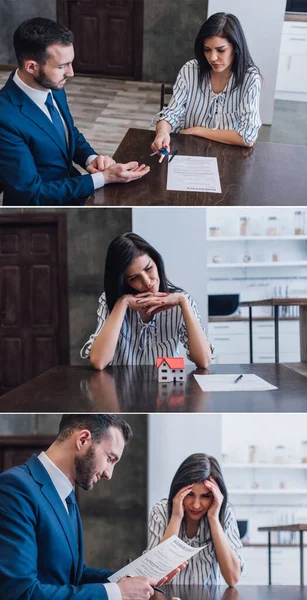 Colagem de mulher dando chaves ao coletor, mulher à mesa com modelo de casa perto de papel e colecionador sorrindo com documento — Fotografia de Stock