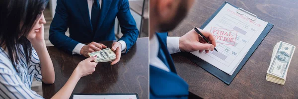 Vista cortada de mulher dando dinheiro para colecionador e colecionador escrevendo em documentos com lettering aviso final à mesa, tiro panorâmico — Fotografia de Stock