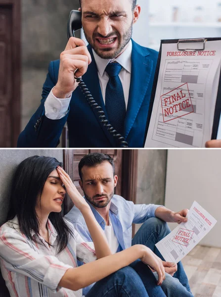 Collage of stressed woman with husband holding paper on floor and angry collector with handset and documents in room — Stock Photo