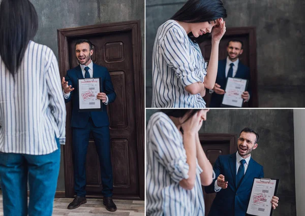 Collage of upset woman and angry collector with documents in room — Stock Photo