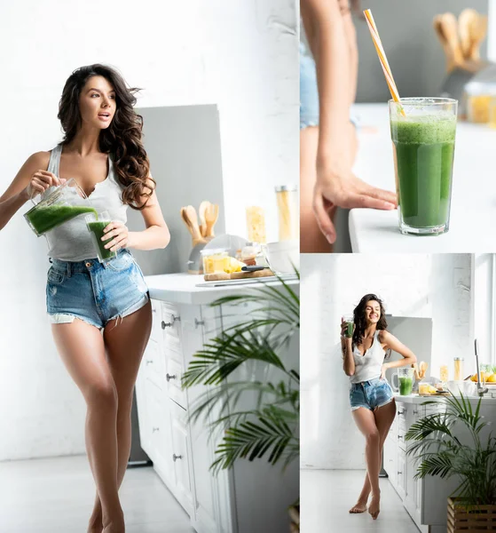 Collage of woman with hand on hip pouring smoothie in glass, smiling and looking away near table in kitchen — Stock Photo
