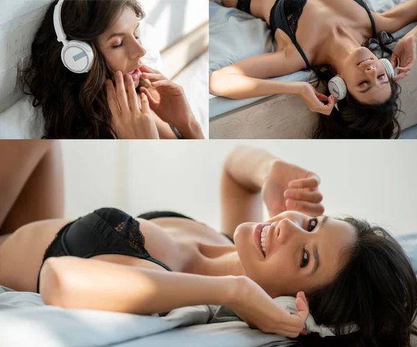 Collage de femme sexy avec écouteurs couchés et souriants sur le lit dans la chambre — Photo de stock