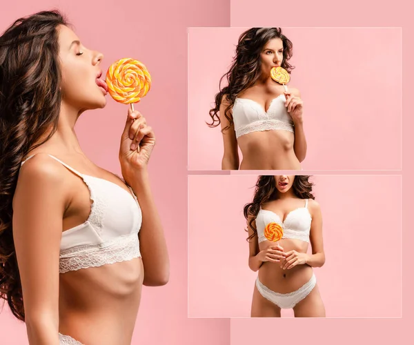 Collage de sexy mujer chupando y lamiendo piruleta en rosa - foto de stock