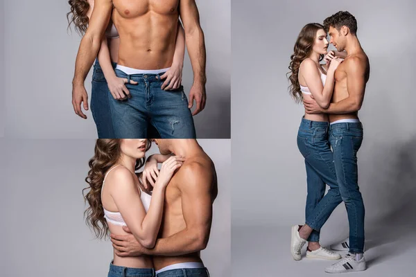 Collage of woman and muscular man looking at each other and hugging on grey — Stock Photo