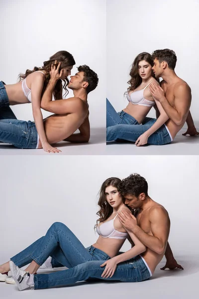 Collage eines leidenschaftlichen und hemdslosen Mannes, der Freundin auf Weiß berührt — Stockfoto