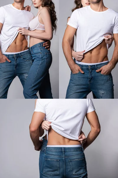 Коллаж женщины, трогающей белые футболки мускулистого бойфренда, стоящего с руками в карманах, изолированных на сером — стоковое фото
