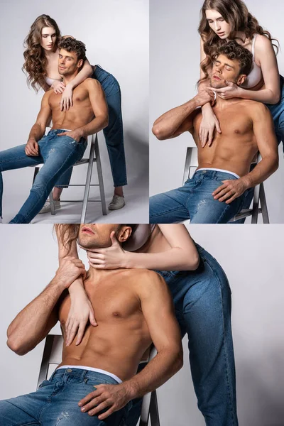 Collage of attractive young woman touching handsome and shirtless man in jeans sitting with hand in pocket on grey — Stock Photo