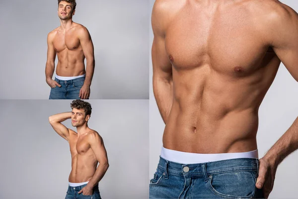 Collage of muscular man in blue denim jeans standing with hands in pockets on grey — Stock Photo