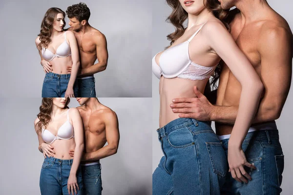 Колаж без сорочки в джинсах, що стоять з привабливою дівчиною в білому бюстгальтері на сірому — стокове фото