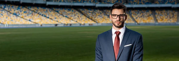 Jovem empresário de terno e óculos no estádio, tiro panorâmico — Fotografia de Stock