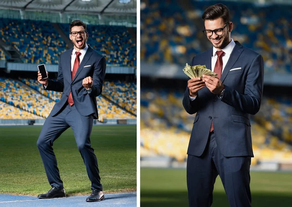 Collage eccitato giovane uomo d'affari in giacca e cravatta in possesso di smartphone con schermo bianco e mostrando sì gesto, uomo d'affari con soldi allo stadio — Foto stock