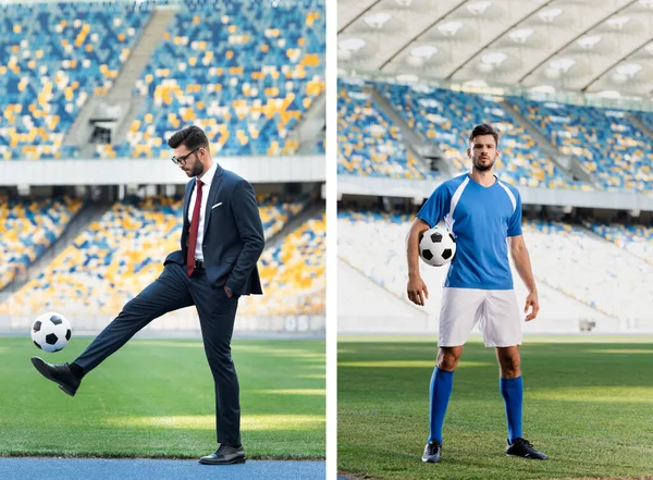 Collage de jeune homme d'affaires en costume et joueur de football avec ballon de football au stade — Photo de stock