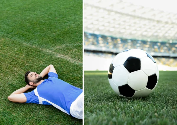 Collage de futbolista profesional en uniforme azul y blanco acostado sobre hierba y pelota en campo de fútbol en el estadio - foto de stock