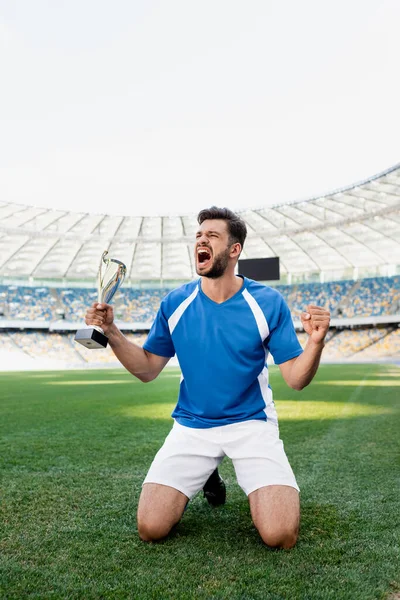 Fußballprofi in blau-weißer Uniform mit Sportpokal steht auf Knien auf Fußballplatz und brüllt im Stadion — Stockfoto