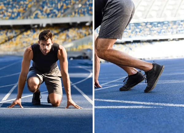 Collage of handsome runner in start position on running track at stadium — Stock Photo