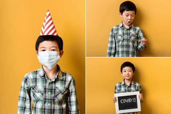 Collage con asiatico ragazzo in partito cono e maschera medica, tenendo segno e guardando termometro giallo durante covid-19 epidemia — Stock Photo