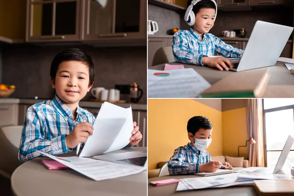 Collage with asian boy studying online with papers, books, laptop and headphones at home during quarantine — Stock Photo