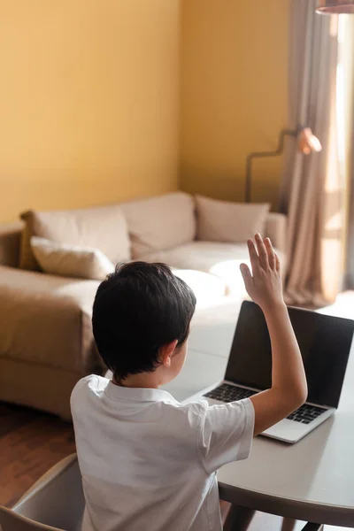 Vue arrière d'un garçon étudiant en ligne sur un ordinateur portatif avec écran vierge à la maison pendant son isolement — Photo de stock