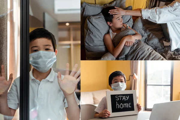 Collage with ill asian boy lie in bed, standing at window and holding stay home board on quarantine. - foto de stock