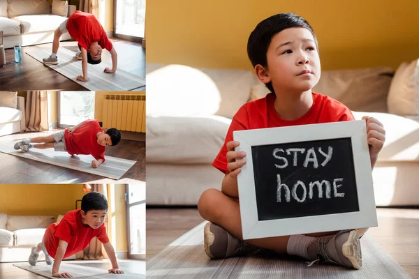 Collage with sportive asian boy exercising and holding board with stay home lettering during self isolation — Stock Photo