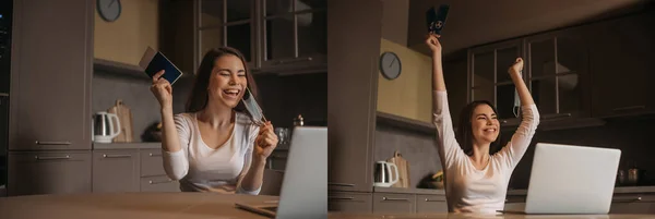 Collage de alegre freelancer en máscara médica con pasaporte con billete de avión y entradas para partidos deportivos cerca del portátil, fin del concepto de cuarentena - foto de stock