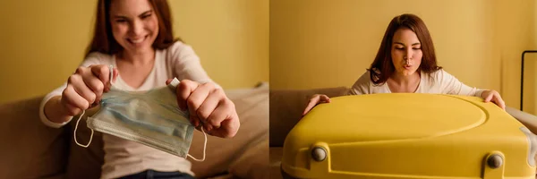 Collage of smiling woman tearing medical mask and blowing on travel bag with dust, end of quarantine concept — Stock Photo