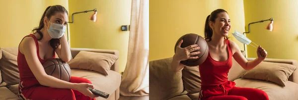 Collage de deportista en máscaras médicas sosteniendo mando a distancia y baloncesto mientras ve el campeonato en la sala de estar — Stock Photo