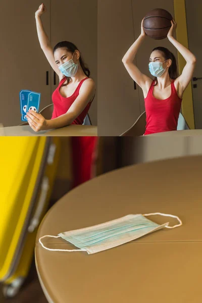 Collage of medical mask on table, woman holding basketball and sport match tickets, end of quarantine concept — Stock Photo