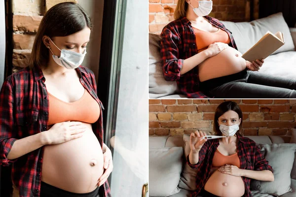 Collage of pregnant woman in medical masks reading book, touching belly and holding digital thermometer in living room — Stock Photo