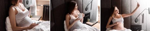 Collage de mujer feliz y embarazada tomando selfie usando teléfono inteligente y sosteniendo la taza de té en el dormitorio - foto de stock