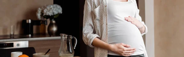 Panoramic crop of pregnant woman touching belly while standing at home — Stock Photo