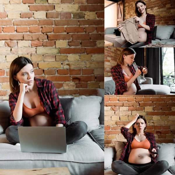 Colagem de mulher grávida com isqueiro perto de bong com cannabis legal, usando laptop, segurando bebê romper e assistir filme — Fotografia de Stock