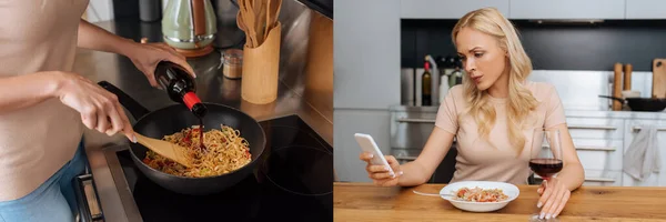 Collage di donna che cucina tagliatelle tailandesi e seduta a tavola con smartphone, immagine orizzontale — Foto stock