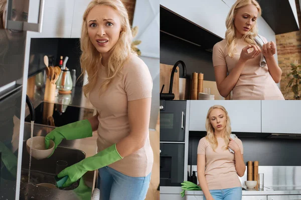 Collage of displeased, tired housewife washing dishes, looking at her hands and standing in kitchen — Stock Photo