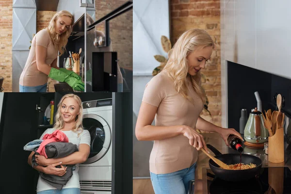 Collage de ama de casa preparando la cena, lavando platos y sosteniendo la ropa cerca de la lavadora - foto de stock
