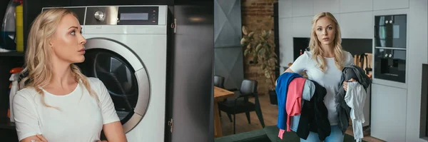 Collage of housewife holding laundry and standing near washing machine, horizontal image — Stock Photo