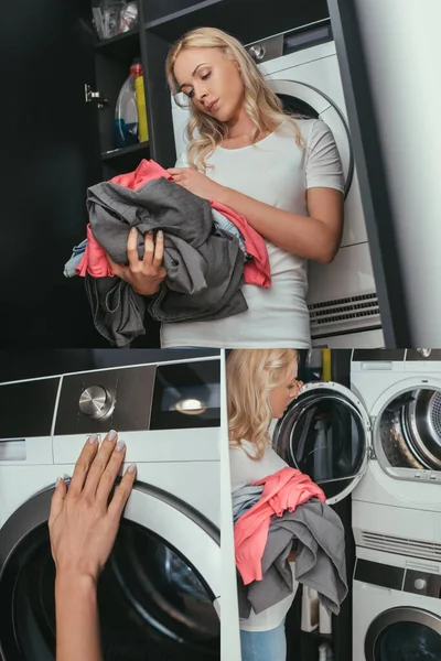 Коллаж молодой домохозяйки, держащей прачечную возле стиральной машины — стоковое фото