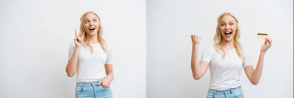 Collage of excited woman gesturing and holding credit card isolated on white, panoramic shot — Stock Photo