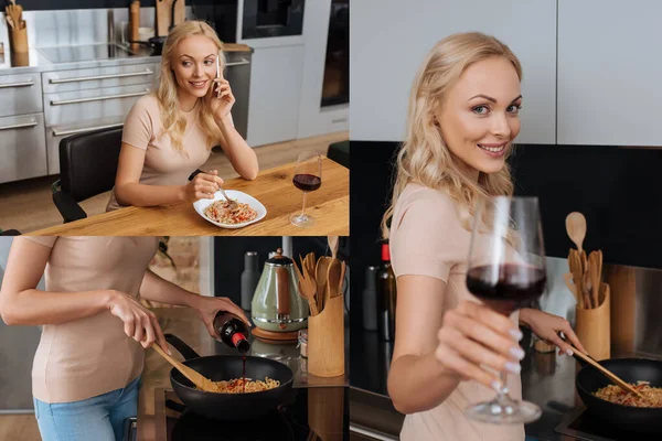 Collage of happy housewife cooking thai noodles, holding glass of red wine and sitting at table near prepared meal — Stock Photo